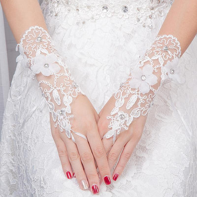 新款結婚手套 韓式優雅蕾絲薄款勾指新娘婚紗禮服手套長 婚禮配件