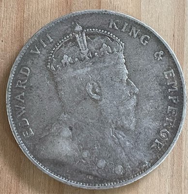 1908年英屬海峽殖民地，愛德華七世國王壹圓銀幣。