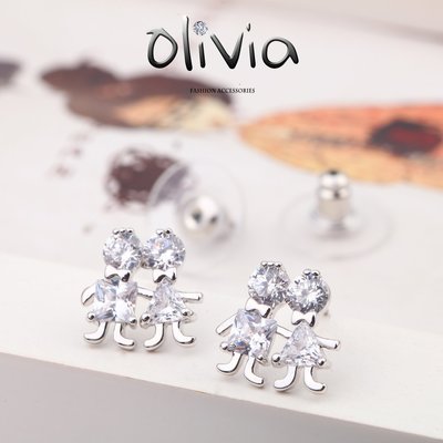 Olivia Fashion 耳針耳環 可愛雙人娃娃方晶鋯石施華洛世奇水鑽厚鍍14K真金耳釘耳環【KD00024】