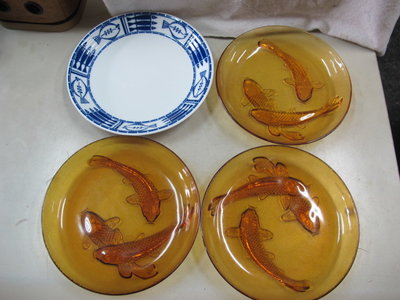 二手鋪 NO.6764 琥珀色 茶色 玻璃 鯉魚造型 盤子 水果盤 糖果盤 青花
