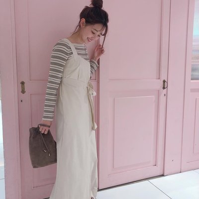 [全新]日本正品 COCO DEAL 米白單肩綁帶吊帶長裙