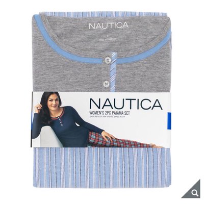 正品 Nautica 女長袖睡衣兩件組 100%棉 棉質 穿著舒適 （套裝：長袖上衣+長褲）-灰色