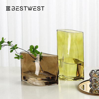 花瓶琥珀色玻璃花瓶擺件 不規則透明花器客廳桌面裝飾品
