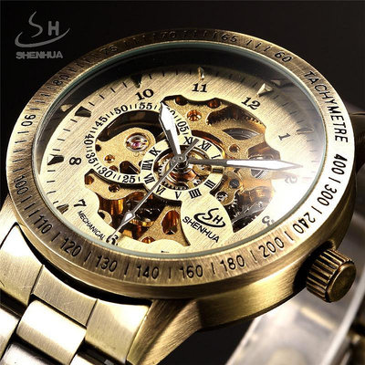 男士手錶 新款 shenhua 歐美風范男士時尚休閑鏤空機復古古銅自動機械手錶