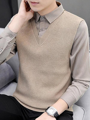 男士假兩件毛衣秋冬季時尚拼接 V領織衫韓版潮流加厚襯衫領線衣