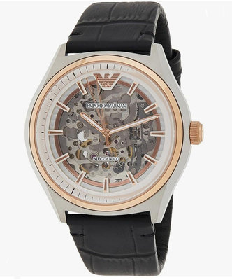 EMPORIO ARMANI 鏤空錶盤 黑色皮革錶帶 男士 自動機械錶 AR60018