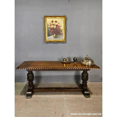 19世紀 英國 全實木 橡木雕刻 球根桌腳 長桌 餐桌 書桌 工作桌 展示桌 古董桌 t0439【卡卡頌  歐洲古董】✬