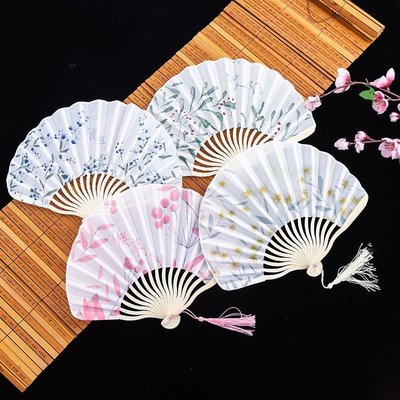 夏季隨身便攜折疊布面古風日式折扇中國風女式兒童漢服扇子貝殼扇