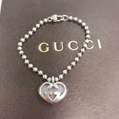 Gucci 古馳 專櫃 正品 雙G logo 二手 愛心 心型 鏤空 純銀 珠珠 銀珠 手鍊 真品 盒裝 粉晶