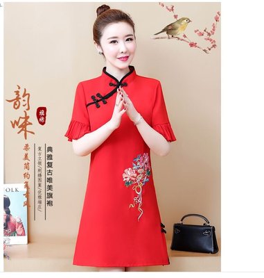 中國風紅色大尺碼印花洋裝胸圍115大尺碼旗袍禮服連身裙顯瘦四季款加大尺碼大碼女裝大碼洋裝禮服