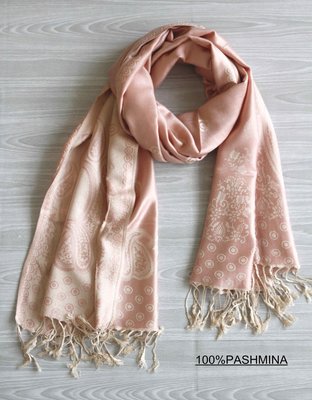 正品100%PASHMINA喀什米爾羊毛雙面會呼吸的圍巾披肩-粉橘花紋-送禮自用溫暖貼心禮物