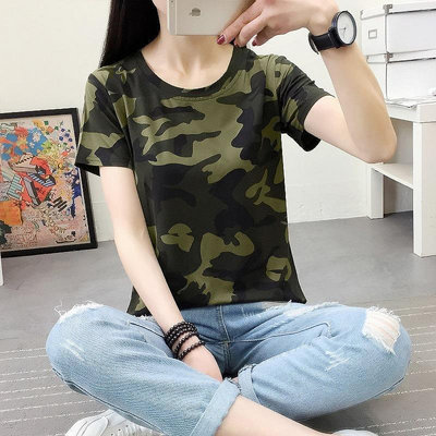 軍事風夏裝女裝 新款韓版短袖恤 學生寬鬆半袖上衣 個性休閒服迷彩服 女性流行服飾服裝