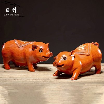 【熱賣下殺】木雕招財豬擺件黃花梨實木一對可愛生肖豬家居客廳裝飾紅木工藝品