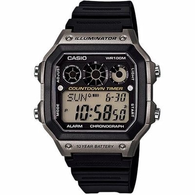 CASIO十年電力,世界時間計時碼錶,鬧鈴倒數防水100M男錶,黑色膠帶腕錶型號:AE-1300WH-8AVDF