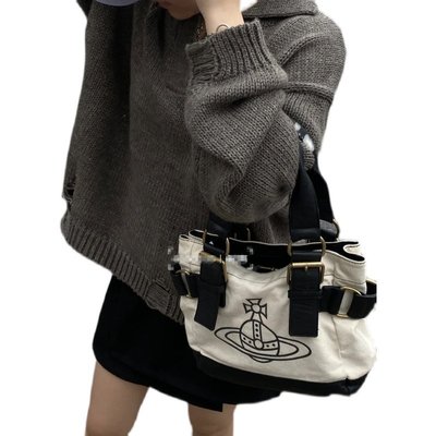 現貨熱銷-全新免運 2021新潮日本Vivienne Westwood 帆布包西太后拼皮手提包休閑百搭單肩購物包
