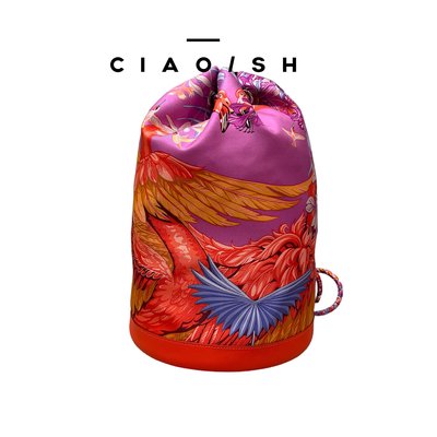 CIAO/SH 名牌精品店 HERMES紅鶴絲質束口編織背帶水桶包Soiem cool手袋