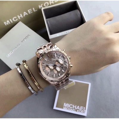 MK8580手錶奢華耀眼玫瑰金晶鑽三眼計時腕錶