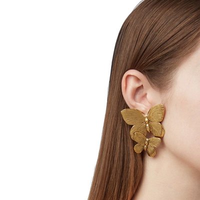 ins最愛 誇張 浮誇 高級感 法式 復古氣質 精緻立體18k金 歐美 雙蝴蝶 金色 耳環