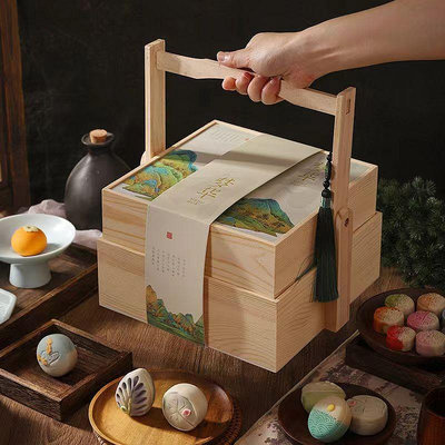 月餅禮盒中式糕點包裝盒中秋伴手禮實木雙層提籃式手提蛋黃酥食盒