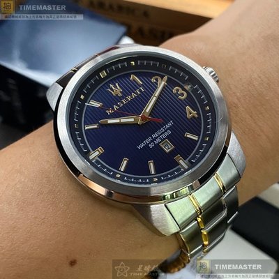 MASERATI手錶,編號R8853137001,44mm銀圓形精鋼錶殼,寶藍色簡約, 運動錶面,金銀相間精鋼錶帶款