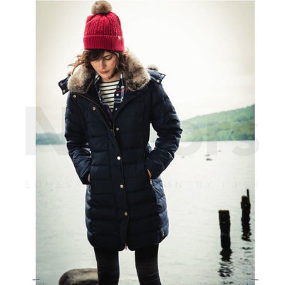Miolla 英國品牌Joules 深藍帶帽毛領可拆卸立體平紋修身長版羽絨保暖外套