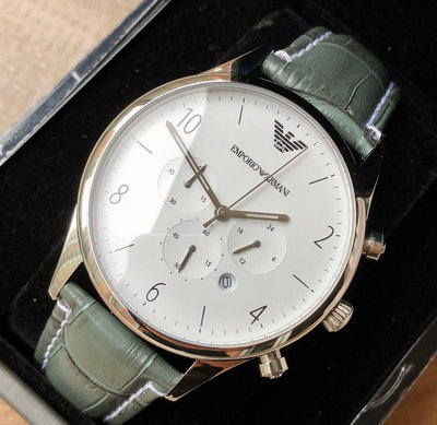 EMPORIO ARMANI 白色面錶盤 鼠尾草綠色皮革錶帶 石英 三眼計時 男士手錶 AR1861