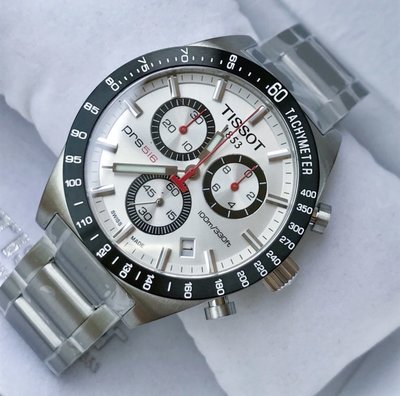 TISSOT PRS516 白色面錶盤 銀色不鏽鋼錶帶 石英 三眼計時 男士手錶T0444172103100