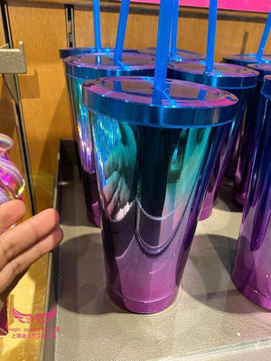 上海迪士尼國內代購奇妙五周年漸變紫色不銹鋼吸管杯大容量水壺