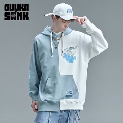 GUUKA&amp;SANK藏克聯名藍白拼接連帽衛衣男潮牌嘻哈印花運動帽衫寬松