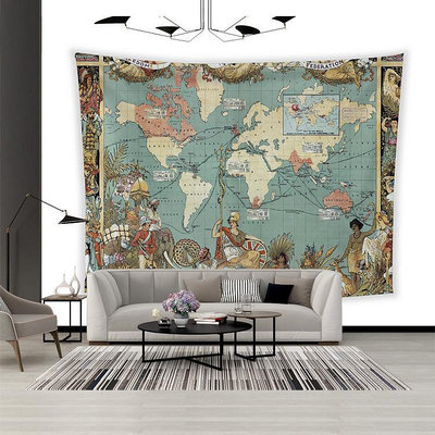 歐美ins復古世界地圖掛布黑白室內墻面裝飾背景臥室會客書房掛毯