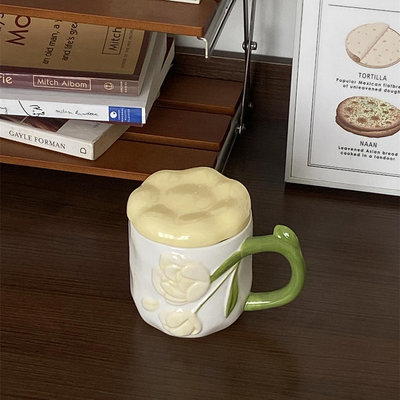 陶瓷馬克杯帶蓋勺家用創意設計玫瑰花高顏值辦公室咖啡杯