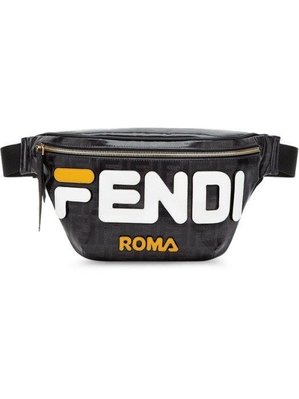 【翰貝格名牌館】全新真品 FENDI MANIA 黑色 牛皮 logo 白色字體 腰包 胸口包 7VA434