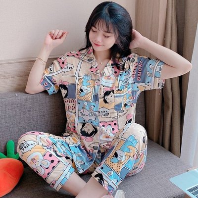 Women Short Sleeved Silk Pyjamas Set Korean Cartoon Printed滿300元出貨