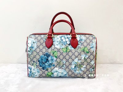 遠麗精品(桃園店) D0327 Gucci 藍PVC花朵紅邊波士頓包