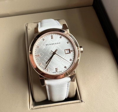 BURBERRY 玫瑰金色配白色面錶盤 白色皮革錶帶 石英 女士手錶 BU9130