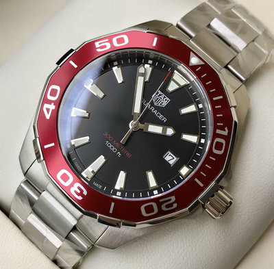 Tag Heuer Aquaracer 紅色圈 黑色面錶盤 銀色不鏽鋼錶帶 石英 男士手錶 WAY101B.BA0746 豪雅（競潜）300米潛水錶