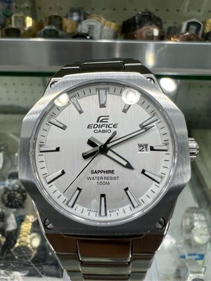 【金台鐘錶】CASIO卡西歐EDIFICE (白面)輕薄(八角) (藍寶石玻璃) 不鏽鋼錶帶 EFR-S108D-7A