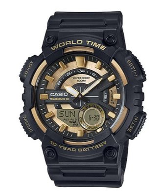 【萬錶行】CASIO 十年電力 黑金雙顯多功能運動錶 AEQ-110BW-9A