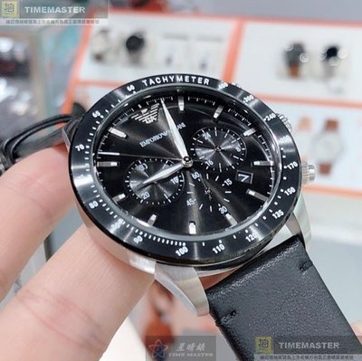 ARMANI手錶,編號AR00023,44mm黑圓形精鋼錶殼,黑色三眼, 中三針顯示, 水鬼錶面,深黑色真皮皮革錶帶款