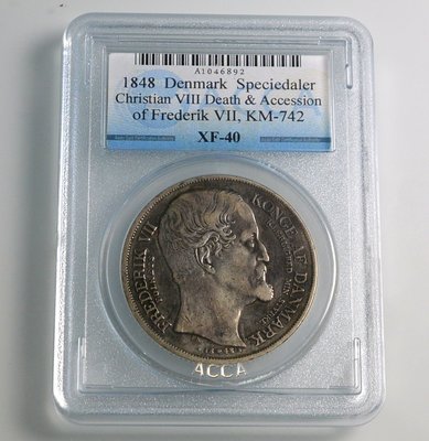 評級幣 丹麥 1848年 克里斯蒂安八世及腓特烈七世 紀念幣 銀幣 鑑定幣 ACCA XF-40 0209