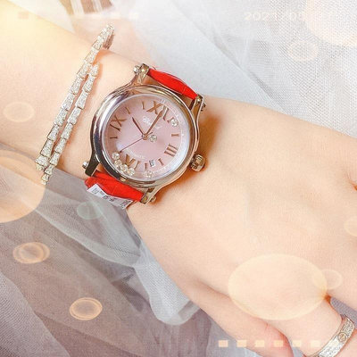 直購#蕭邦 腕錶 happy diamonds系列亮皮錶帶 玫瑰金瑞士石英機女表肖邦5鑽7鑽手錶