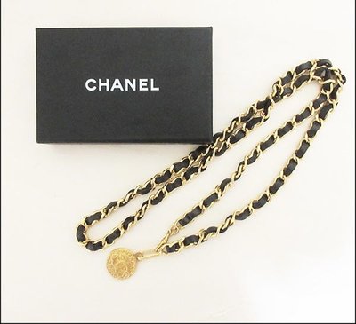 Chanel vintage香奈兒復古經典1982年黑金穿皮鏈條腰鍊 腰鏈 腰帶 皮帶