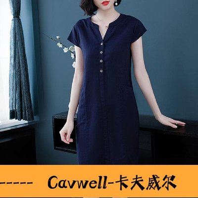 Cavwell-BI5686新款夏季V領連衣裙女時尚大碼女裝寬鬆顯瘦減齡短袖連衣裙女性裙子連身裙休閒服-可開統編