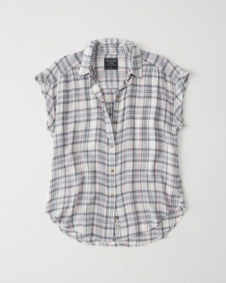 Maple麋鹿小舖 Abercrombie&Fitch ＊ AF  基本款格紋短袖襯衫  ＊( 現貨XL號 )