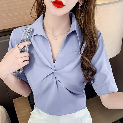 職業襯衫女2023夏新款韓版設計感褶皺氣質雪紡衫不規則上衣顯瘦