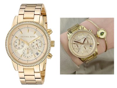 MICHAEL KORS Ritz 鑲晶鑽金色錶盤 金色不鏽鋼錶帶 石英 三眼計時 女士手錶 MK6356