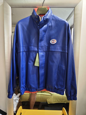 GUCCI全新真品義大利製深藍色小羊皮雙面皮衣/夾克/外套(適L號)691071--2.2折出清(不議價商品)