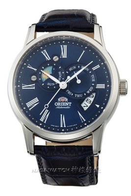 可議價ORIENT 東方SUN&amp;MOON羅馬數字日月相藍寶石鏡面深藍系皮帶機械錶 型號：SET0T004D【神梭鐘錶】