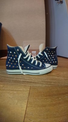 富發牌 鉚釘 帆布鞋 硫化 餅乾 高筒 原色牛仔藍 深藍 靛藍 台灣製造 Converse同款 25.5 約US7.5