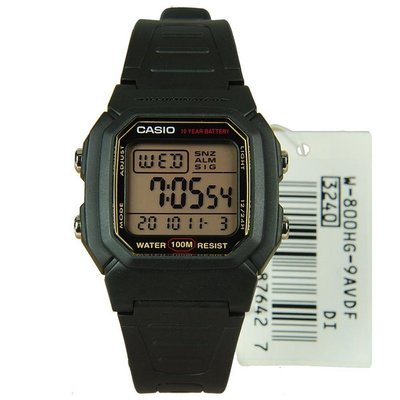 【神梭鐘錶】CASIO WATCH 卡西歐10年電池勁黑酷炫淺黃面金邊數位電子矽膠帶運動腕錶 型號：W-800HG-9A